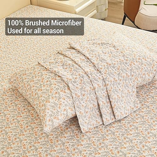 Viviland Floral Queen Sheet Set - 4 Piece Vintage Light Orange Flower Patterned Bed Sheets - Soft, Breathable Microfiber Sheets with Deep Pocket, Non-Slip Fitted Sheets & Pillowcases thumbnail 6