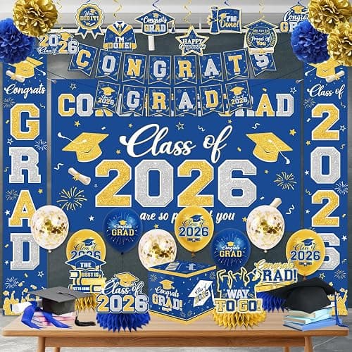 Graduation Decorations Class of 2026 Blue and Gold Graduation Decorations with Congrats Grad Banner,Backdrop,Porch Sign,Balloons,Hanging Swirls,Honeycomb Centerpieces,Box for Graduation Party Supplies thumbnail 3