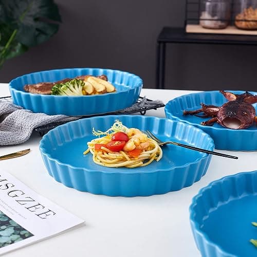 Bruntmor Ceramic Pie Pans Set of 4, Baking Dishes/Quiche Dish/Apple Pie/Tart. Oven Safe Nonstick Porcelain Round Baking Plate/Pot/Tart Pan. 10"/ Blue thumbnail 8