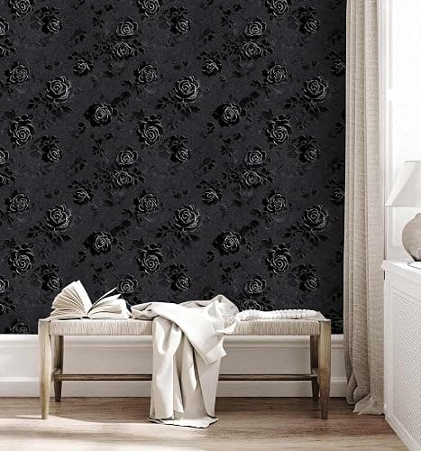 LaiTique Gothic Rose Wallpaper – Black Floral Textured Peel and Stick Wallpaper, Self-Adhesive Vinyl for Home Decor, 17.7in x 236in thumbnail 3