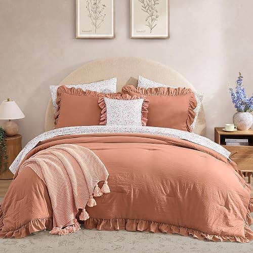BLOOMHAVEN Queen Comforter Set - 7 Pieces Ruffle Autumn Leaf Bedding Sets, Shabby Chic Farmhouse Bed in a Bag Queen with Ruffle Comforter, Floral Sheets, Pillowcases & Shams thumbnail 2