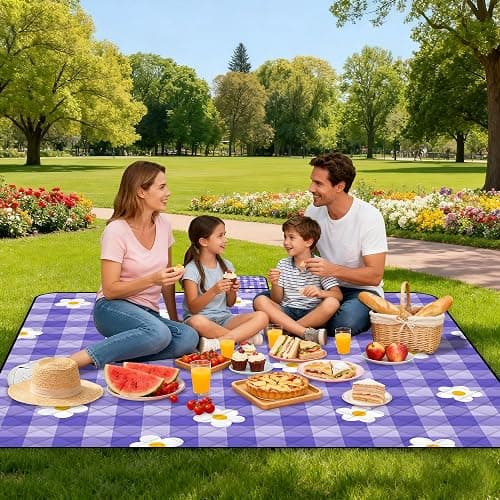 Extra Large Picnic Blanket Waterproof,80"x 80"Foldable Machine Washable Beach Blanket,Outdoor Blanket for 6-8 Adults,Suitable for Indoor Crawling,Park Beach,Camping,Hiking,Family Travel(Purple) thumbnail 4