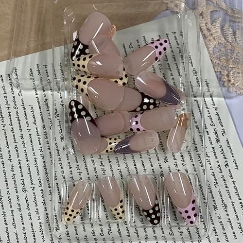BABALAL Brown Pink Press on Nails Medium Almond Fake Nails Polka Dot Glue ons Design Trendy Cute Acrylic 24Pcs Squoval Full Cover False Nails thumbnail 3