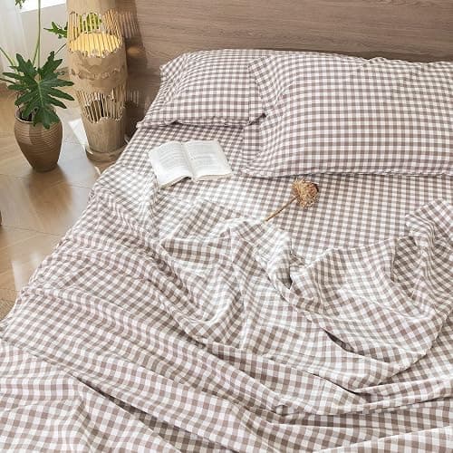 MooMee Gingham Sheet Set 100% Washed Cotton Linen Like Textured Breathable Soft w/Fully Elasticized 16-19" Deep Pocket (Classic Gingham Brown, Queen) thumbnail 6