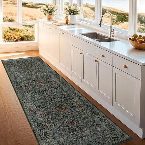 Dark Green 2'6" x 8' Runners for Hallways Non Slip, Extra Long Floor Runner for Kitchen, Entryway Indoor, Washable Rubber Backing Stain Resistant - Vintage Floral Décor thumbnail 7