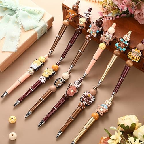 Geyee 12 Set Beadable Pens Assorted Bead Pens Wood Crystal Round Spacer Set Black Ink DIY Ballpoint for Women Men Gift Office Supplies(Multicolor,Cow) thumbnail 2