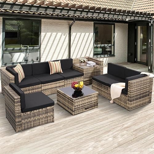 KROFEM 8-Piece Patio Furniture Set, Outdoor Wicker Rattan Sectional with Thick Cushions, Glass Top Table with Hidden Storage, Outdoor Conversation Set for Backyard, Porch, Patio, Black - Image 1