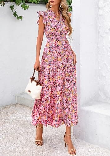 PRETTYGARDEN Women's 2026 Summer Floral Midi Dress Cap Sleeve V Neck Ruffle Long Flowy Boho Casual Beach Vacation Dresses thumbnail 4