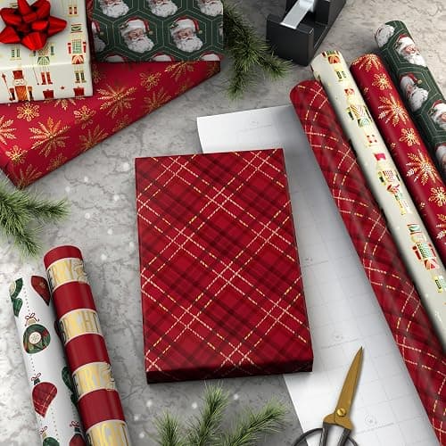 Hallmark Christmas Wrapping Paper Rolls with Cutlines on Reverse (6 Rolls: 150 Sq. Ft. Total) Santa Claus, Nutcrackers, Plaid, Snowflakes, Ornaments thumbnail 2