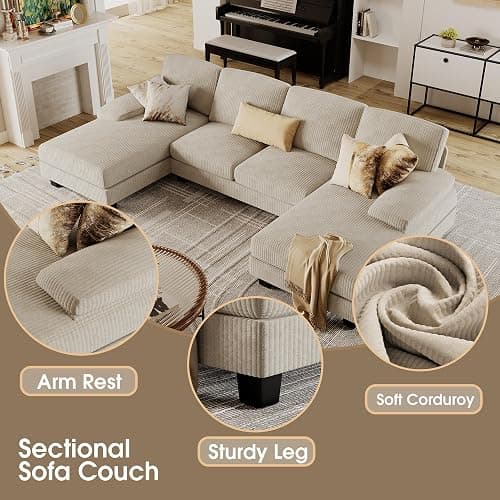 Furmax Sectional Couches for Living Room, Corduroy, Beige | U-Shaped Sofa Couch with Linen Fabric, 4 Seat Sofa Set with Double Chaise for Apartment thumbnail 5