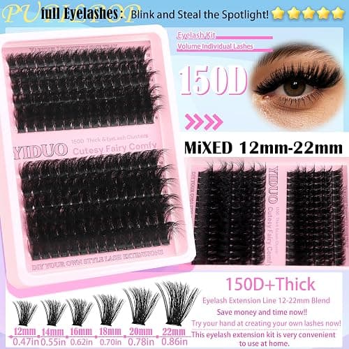 YIDUO 575Pcs Lashes Clusters Kit with Glue and Removers, D Curl Volume 150D+200D Thick+Spiky Lashes Extension, 12-21mm Thick Extension Eyelashes DIY Individual False Eyelash Kit DIY at Home Easily thumbnail 5