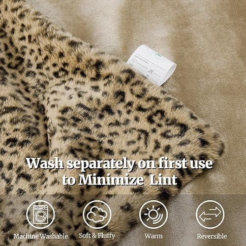 DREAMNINE Luxury Leopard Print Faux Rabbit Fur Blanket for Couch 50" x 60", Decorative Soft Cozy Fluffy Cheetah Microfiber Blankets,Warm Blanket for Winter, Animal Print Thick Fuzzy Lap Blankets, Tan thumbnail 5