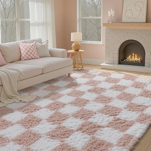 PureCozy Checkered 5x8 Area Rugs for Living Room Bedroom Pink Washable High Pile Fluffy Rug Modern Soft Thick Carpet Indoor Office Non-Slip Shaggy Tapis Salon for Nursery Kids Gils Room Playroom thumbnail 3