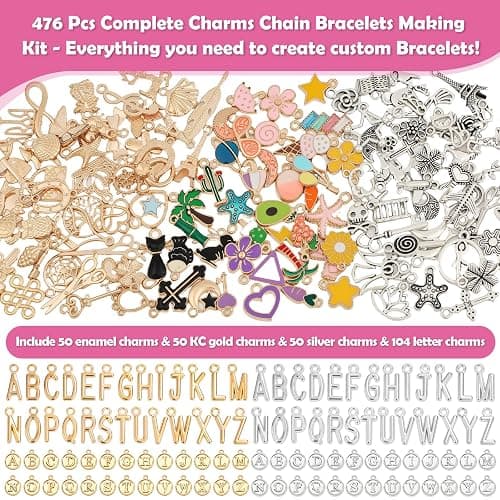 Charm Bracelet Making Kit for Adults & Teens, 477Pcs DIY Charm Bracelet Set with Gold & Silver Charms, Paperclip Chain Bracelets, Alphabet Charms, Complete Jewelry Making Supplies for Crafting thumbnail 2