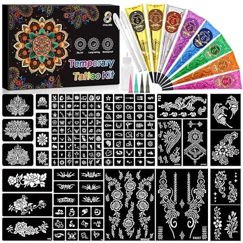 8PCS 8 Colors Tattoo Inks Temporary Tattoos Kit, 2 Draft Practice Pen with 14 Sheet 135 Stencil Designs, DIY Body Painting Art for Beginners & Pros, Tattoo Gifts Set for Valentine Party Holiday - Image 1
