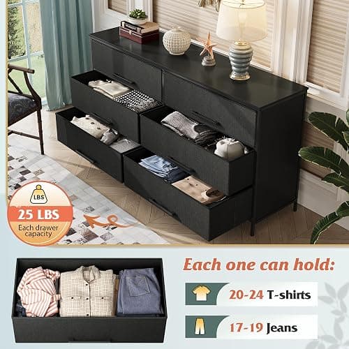 WLIVE 6 Drawer Dresser for Bedroom Large, Fabric Black Dresser TV Stand for 55, 60, 65, 70 inch TV, Wide Long Chest of Drawers with Deep Drawer for Closet, Bedroom, Living Room, Hallway - Black - Large 6 Drawer thumbnail 5