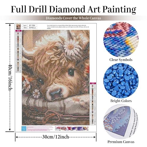 Cow Diamond Art Kits for Adults, Highland Cow Diamond Painting Kits for Adults Beginners, DIY 5D Diamond Painting with Round Gem Art Kits for Gift Home Wall Decor 12x16 Inch thumbnail 2
