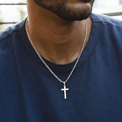 LUXEJEW Cross Necklace for Men - Silver/Gold/Black Stainless Steel Cross Pendant Necklace Figaro Link Chain 16-24 Inches thumbnail 2