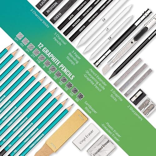 Norberg & Linden XL Drawing Set - Sketching, Graphite and Charcoal Pencils. Includes 100 Page Drawing Pad, Kneaded Eraser, Blending Stump. Art Kit and Supplies for Kids, Teens and Adults thumbnail 2