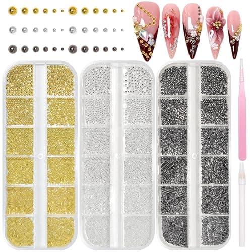 3 Boxes Caviar Nail Bead, Metal Nail Beads, Gold Silver Black Nail Beads | 0.6-2mm Round Caviar Nail Beads for Acrylic Nails Art DIY Crafts Embellishment Making - Image 1