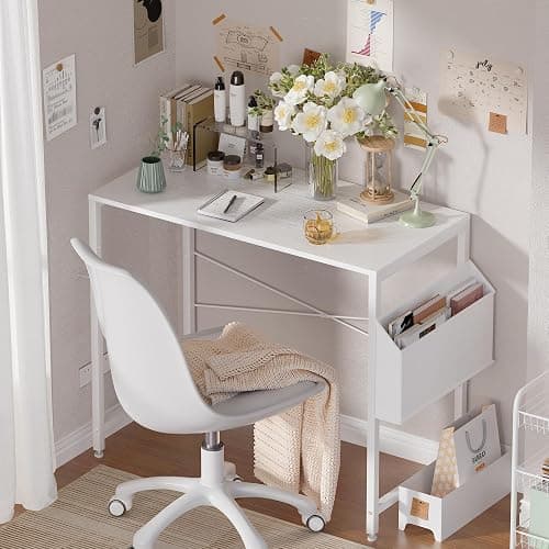 Pamray 32 Inch Computer Desk Small Spaces Desk with Storage Bag for Bedroom Writing and Home Office Work Small Study Desk Table White thumbnail 4