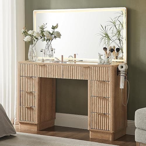 T4TREAM 48" Fluted Makeup Vanity Desk with Large Led Lighted Mirror, Modern Vanity Table with 8 Drawers & Charging Station, Glass Top Dressing Table for Bedroom, Natural Oak - Image 1