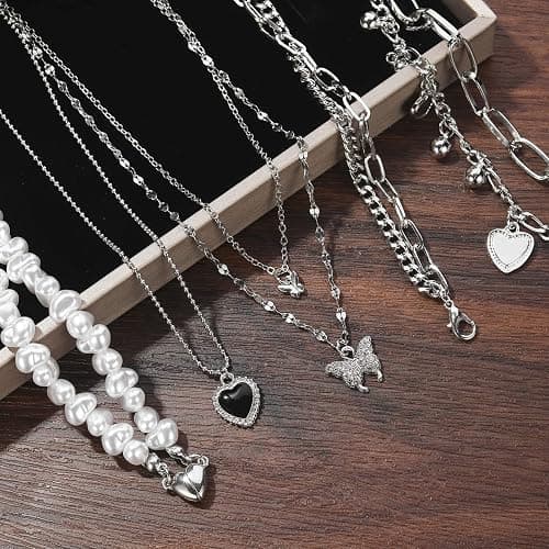 IFKM 36 PC Silver Plated Jewelry Set With 3 Necklace, 12 Bracelet, 7 Ear Cuffs Earring, 14 Knuckle Rings For Women Girls Valentine Anniversary Birthday Friendship Gift thumbnail 8