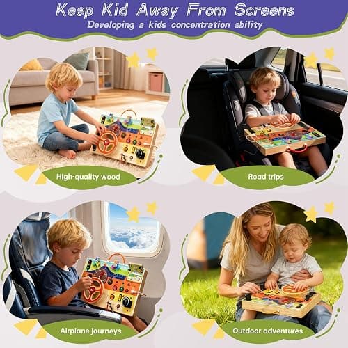 flycoost Busy Board Montessori Toys for Toddlers 1-3 with Steering Wheel | Wooden Lights Driving Activity Board Sensory Montessori Busy Board for 1+ Year Old, Toddler Learning & Travel Toy thumbnail 4