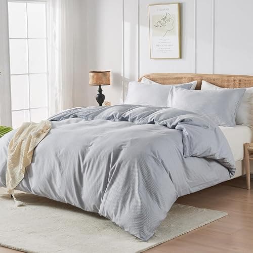 JELLYMONI 100% Natural Cotton 3pcs Striped Duvet Cover Sets,Blue Duvet Cover with Thin White Stripes Pattern Printed Comforter Cover,with Zipper Closure & Corner Ties(Twin Size) thumbnail 2
