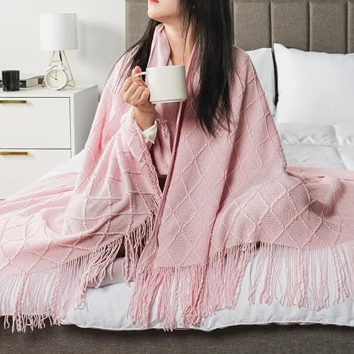PAVILIA Light Pink Knit Throw Blanket, Soft Knitted Farmhouse, 50x60 | Lightweight Decorative Summer Fall Throw, Outdoor Textured Boho Blanket, For Couch Bed Sofa Chair Living Room Bedroom thumbnail 8