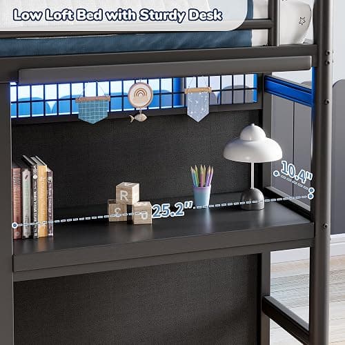 Low Loft Bed Twin Size with 7 Storage Drawers, Desk and LED Lights, Heavy Duty Metal Kids Loft Bed with 13.8" H Safety Guardrail, Anti-Collision Pad, Private Play Curtain, Under-Bed Play Space - Black thumbnail 6
