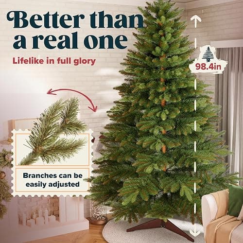 Artificial Christmas Tree 8.2ft Unlit Premium Realistic Christmas Tree with Crafted Needles Look Real, Storage Bag & Wooden Foldable Base Stand Included - Xmas Unlit Hinged Spruce Green Holiday Decor thumbnail 3