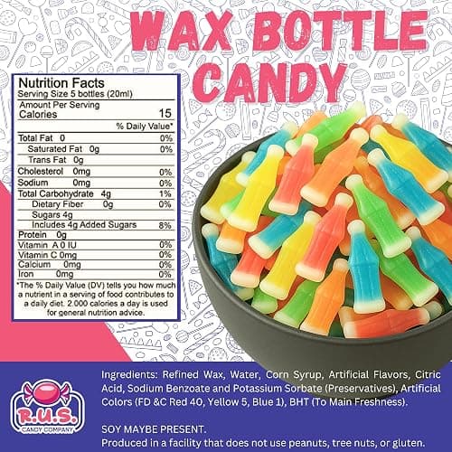 Old-Fashioned Wax Bottle Candy – 1/2 Lbs Bulk Pack – 5 Fruity Flavors (Lemon, Blue Raspberry, Orange, Cherry, Green Apple) – Retro Candy Drinks for Parties, Kids, and Nostalgic 90's Buffet (Half Pound) thumbnail 2