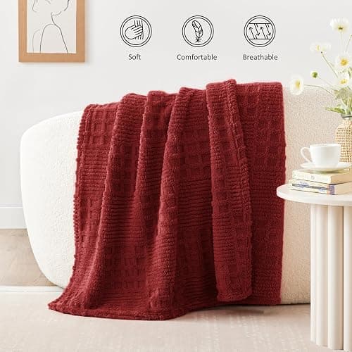 EXQ Home Fleece Throw Blanket for Couch or Bed - 3D Waffle Patchwork Pattern Jacquard Decorative Blankets - Cozy Soft Lightweight Fuzzy Flannel Blanket Suitable for All Seasons(50"×60",Red) thumbnail 2