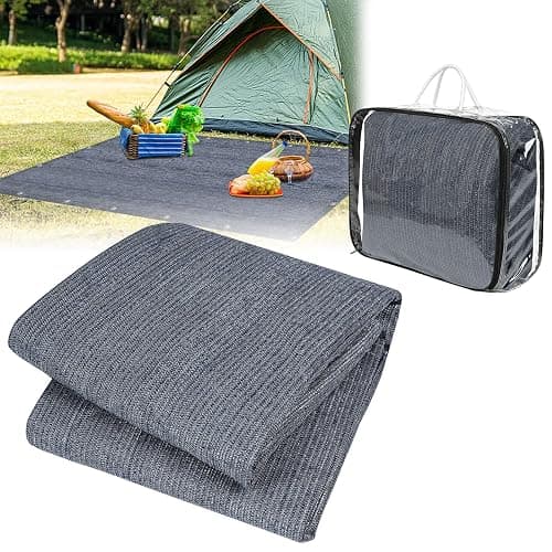FIVMEN Tapis d'auvent - 400 x 600 cm - Tapis de camping - Antidérapant - Lavable - Avec trous - Piquets et sac de transport - Gris et bleu - Image 1