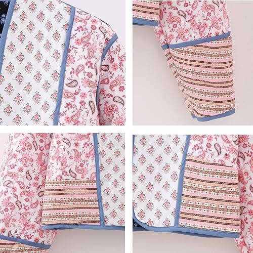 Omoone Women's Cropped Floral Reversible Quilted Jacket Cardigan Printed Lightweight Open Front Padded Puffer Coat thumbnail 7
