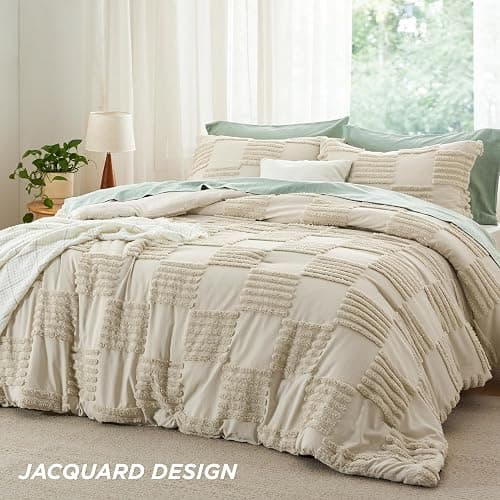 Bedsure King Size Comforter Set Linen, Boho Tufted Bed Set, Grande Checkered Farmhouse Shabby Chic Bedding, 3 Pieces, 1 Plaid Geometric Comforter and 2 Pillow Shams thumbnail 2