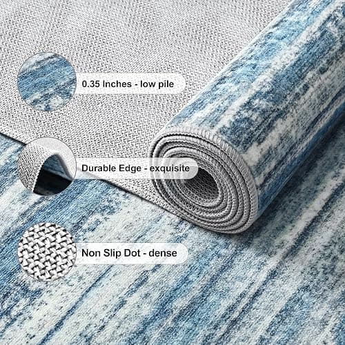 Chicrug 2x6 Blue Washable Runner Rug for Hallway Kitchen Entryway Non Slip | Striped Abstract Long Runners Rugs for Bedroom, 6ft Low Pile Floor Carpet Runner for Bedside Dorm Laundry Room thumbnail 7