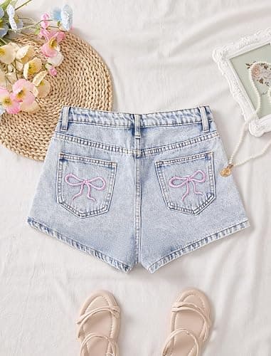 oyyniis Jean Shorts for Teen Girls Ripped Raw Hem High Waist Straight Leg Cute Summer Y2K Denim Shorts 13Y-16Y thumbnail 2