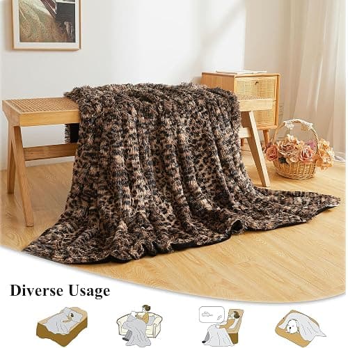 XeGe Fluffy Faux Fur Cheetah Print Throw, Soft Plush Fuzzy Leopard Print Lap Blanket, Luxury Shaggy Couch Throw Sofa Chair Bed Car, Vintage Decorative Farmhouse Furry Blanket, Brown and Black, 50x60 thumbnail 3