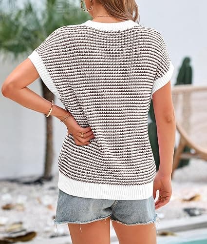 PRETTYGARDEN Womens Short Sleeve Sweater Spring Summer 2026 Round Neck Striped Pullover Cap Sleeve Knit Sweater Vest Tops thumbnail 2