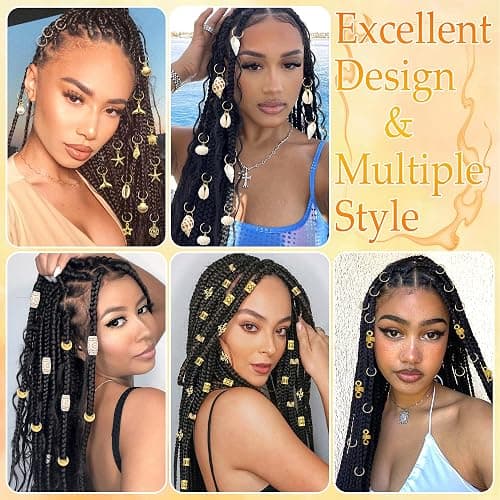 VENOFEN 149Pcs Shell Hair Jewelry Gold Loc Cuffs Rings Natural Conch Starfish Braids Clips Pearl Dreadlock Charm Hair Tube Beads Accessories for Women and Girls thumbnail 4