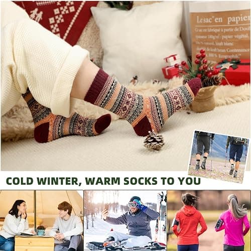 LWWTBS Womens Wool Socks 5 Pairs Winter Warm Thick Knit Wool Soft Vintage Casual Crew Socks Gifts for Women Men thumbnail 2