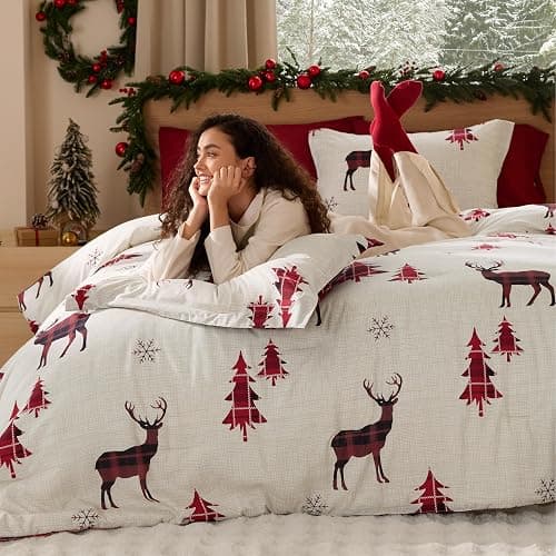 Bedsure Christmas Comforter Set Queen - Christmas Bed Set with Reindeer, Soft Bedding for Holiday, 3 Pieces, 1 Reversible Buffalo Check Printed Comforter and 2 Pillow Shams thumbnail 3