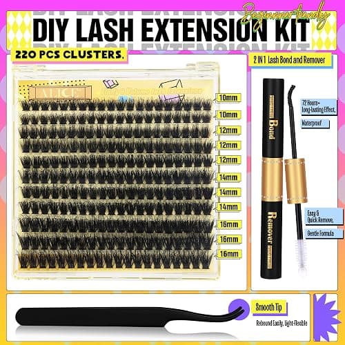 ALICE Lash Clusters Kit Fluffy Volume Lash Extension Kit 3D Wispy Natural DIY Eyelash Extension Kit with 220Pcs Individual Lashes, Lash Bond and Remover,Tweezers(10-16mm,0.05D, D Curl) thumbnail 3