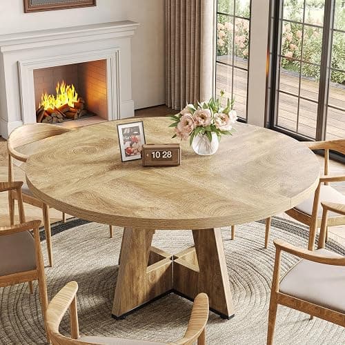 LITTLE TREE Round Dining Table for 4-6 People, 47 Inches Dining Room Table with Wooden Pedestal Base, Circle Kitchen Tables for Dining Room, Kitchen, Living Room, Oak thumbnail 5