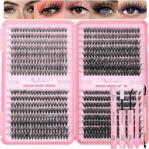 Lash Clusters Kit, 640 Pcs Eyelashes Clusters Extensions Kit 9-16mm Individual Lashes D Curl Fluffy Wispy False Eyelashes Thin Band, with Bond Seal Tweezers Brush DIY (30D+40D+50D+60D Kit 9-16mm) - Image 1
