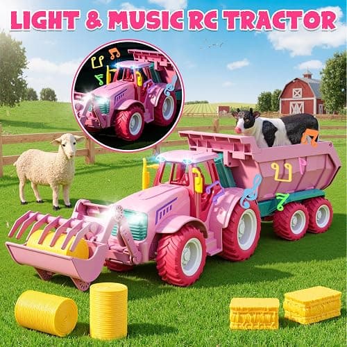 Funwee RC Farm Tractor Toy Playset with Loader, Trailer & Animals | 2.4GHz Outdoor Remote Vehicle Playset w/ Light & Music for Age 3-8, Fun RC Car Truck Gifts for Boy & Girl (Pink) thumbnail 5