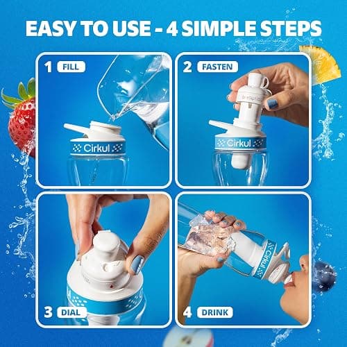 Cirkul 22oz. BPA-Free Plastic Water Bottle Starter Kit with Blue Lid, 2 Flavor Cartridges (1 LifeSip Fruit Punch, 1 FitSip Mixed Berry) No Sugar, Zero Calorie Drink Mix thumbnail 4