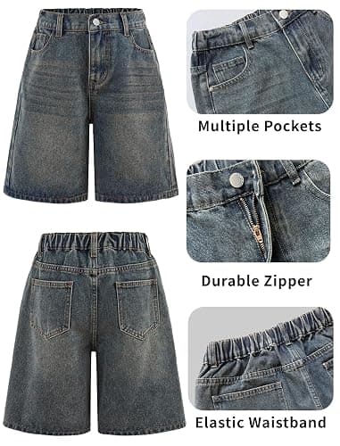 Peakpride Girls Jean Shorts High Waisted Wide Leg Baggy Denim Shorts for Teen Trendy Y2k Vintage Bermuda Jorts 13-16Y thumbnail 6